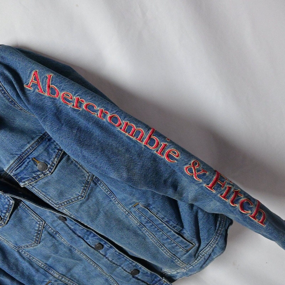 A&F Abercrombie & Fitch Denim Jacket Mens Medium Sherpa‎ Lined Spellout - Picture 3 of 5